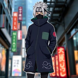 A stylish and creative design for a Kakashi-inspired coat, featuring Kakashi's iconic black mask, silver hair, and the signature Konoha headband with the Konoha leaf symbol