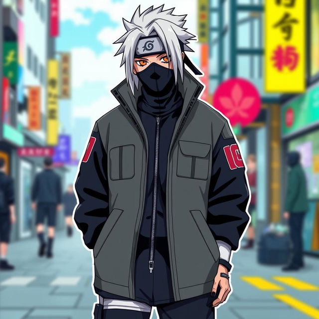 A stylish and creative design for a Kakashi-inspired coat, featuring Kakashi's iconic black mask, silver hair, and the signature Konoha headband with the Konoha leaf symbol