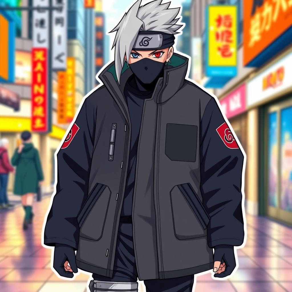 A stylish and creative design for a Kakashi-inspired coat, featuring Kakashi's iconic black mask, silver hair, and the signature Konoha headband with the Konoha leaf symbol
