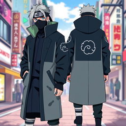 A stylish and creative design for a Kakashi-inspired coat, featuring Kakashi's iconic black mask, silver hair, and the signature Konoha headband with the Konoha leaf symbol