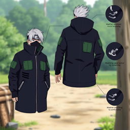 A realistic design for a Kakashi-inspired coat, emphasizing Kakashi's signature elements like his black mask and silver hair