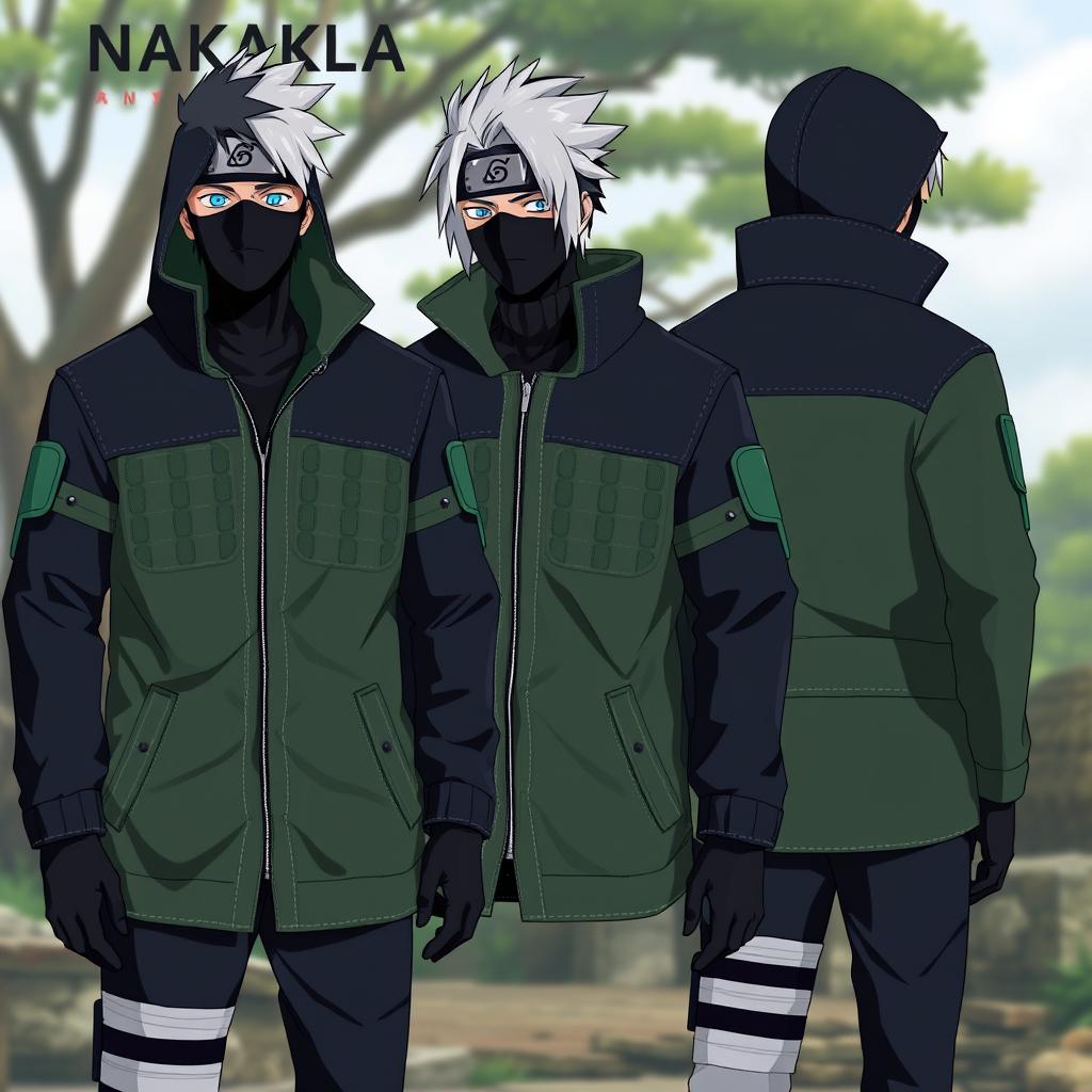 A realistic design for a Kakashi-inspired coat, emphasizing Kakashi's signature elements like his black mask and silver hair