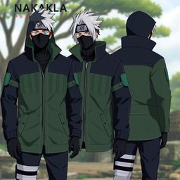 A realistic design for a Kakashi-inspired coat, emphasizing Kakashi's signature elements like his black mask and silver hair