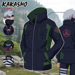 A realistic design for a Kakashi-inspired coat, emphasizing Kakashi's signature elements like his black mask and silver hair