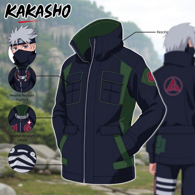 A realistic design for a Kakashi-inspired coat, emphasizing Kakashi's signature elements like his black mask and silver hair