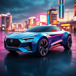 A futuristic concept car designed in the style of the classic LADA LAIKA, featuring a sleek, aerodynamic silhouette with modern touches