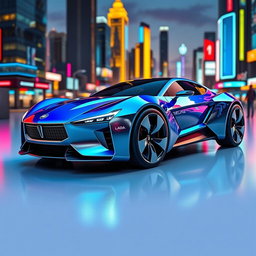 A futuristic concept car designed in the style of the classic LADA LAIKA, featuring a sleek, aerodynamic silhouette with modern touches