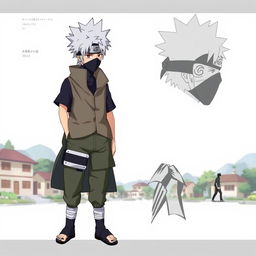 A detailed character design of Kakashi Hatake from Naruto, showcasing his distinctive features and attire