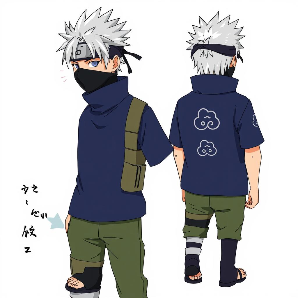 A detailed character design of Kakashi Hatake from Naruto, showcasing his distinctive features and attire