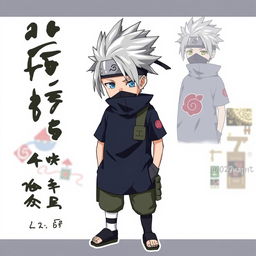 A detailed character design of Kakashi Hatake from Naruto, showcasing his distinctive features and attire