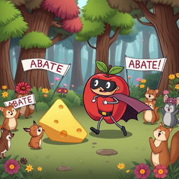A humorous cartoon scene depicting a comically oversized apple being 'abated' by a tiny superhero with a cape! The superhero is using a giant slice of cheese as a shield, trying to fend off the apple that's rolling toward him