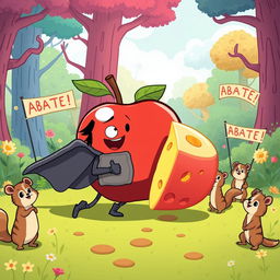 A humorous cartoon scene depicting a comically oversized apple being 'abated' by a tiny superhero with a cape! The superhero is using a giant slice of cheese as a shield, trying to fend off the apple that's rolling toward him
