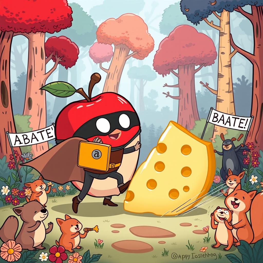A humorous cartoon scene depicting a comically oversized apple being 'abated' by a tiny superhero with a cape! The superhero is using a giant slice of cheese as a shield, trying to fend off the apple that's rolling toward him