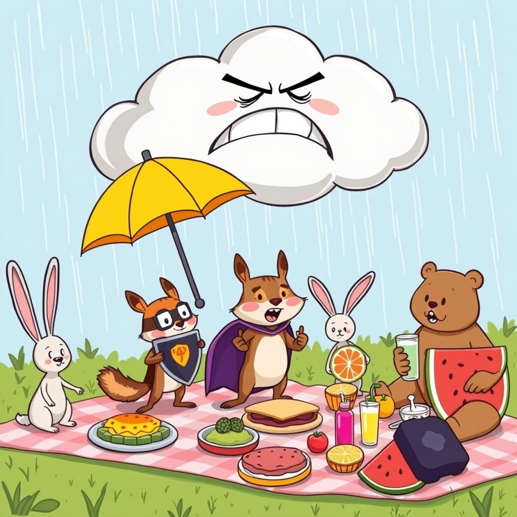 A humorous cartoon scene where a giant, grumpy cloud is trying to rain down on a colorful picnic