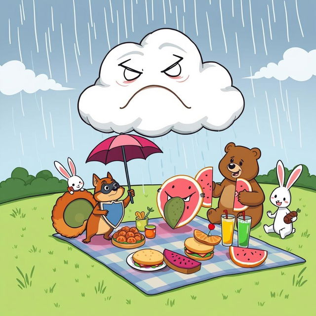 A humorous cartoon scene where a giant, grumpy cloud is trying to rain down on a colorful picnic