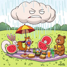A humorous cartoon scene where a giant, grumpy cloud is trying to rain down on a colorful picnic