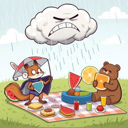 A humorous cartoon scene where a giant, grumpy cloud is trying to rain down on a colorful picnic
