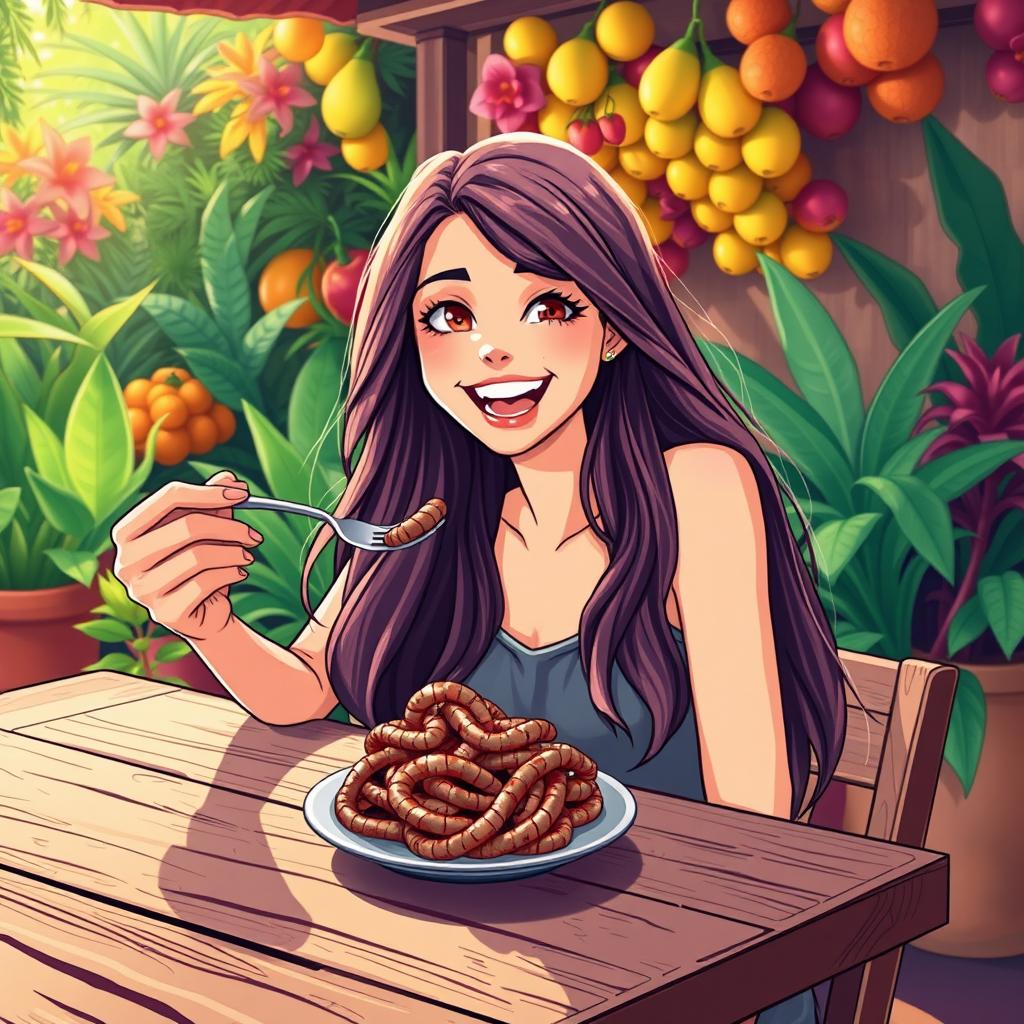A vibrant illustration of a young woman with long, flowing hair, sitting at a rustic wooden table, joyfully eating suri worms