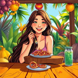 A vibrant illustration of a young woman with long, flowing hair, sitting at a rustic wooden table, joyfully eating suri worms