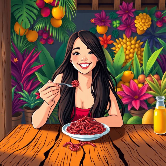 A vibrant illustration of a young woman with long, flowing hair, sitting at a rustic wooden table, joyfully eating suri worms