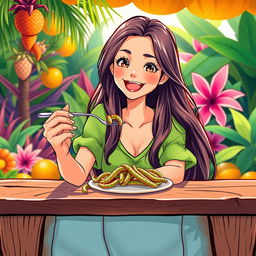 A vibrant illustration of a young woman with long, flowing hair, sitting at a rustic wooden table, joyfully eating suri worms