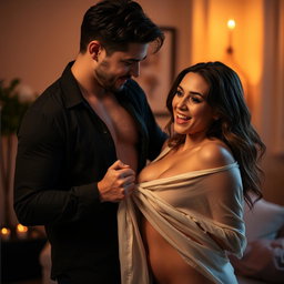 A sensual scene featuring a couple in an intimate atmosphere, where one partner is gently and seductively removing a piece of clothing from the other