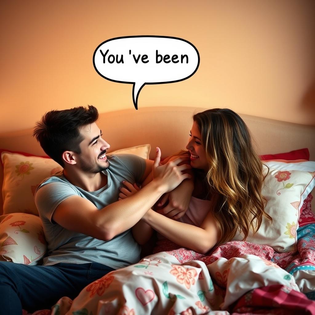 A playful and intimate scene of a couple in a cozy bedroom setting