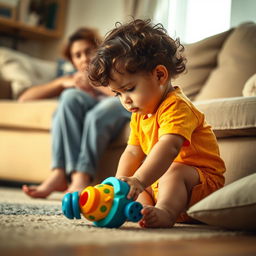 A heartfelt scene of a young child in a cozy living room setting, gently placing down a colorful toy on the floor while looking a bit sad
