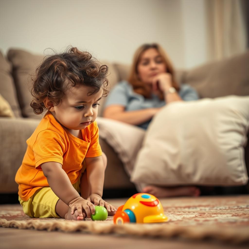 A heartfelt scene of a young child in a cozy living room setting, gently placing down a colorful toy on the floor while looking a bit sad
