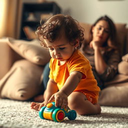 A heartfelt scene of a young child in a cozy living room setting, gently placing down a colorful toy on the floor while looking a bit sad