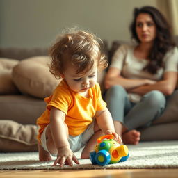 A heartfelt scene of a young child in a cozy living room setting, gently placing down a colorful toy on the floor while looking a bit sad