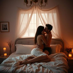 An intimate bedroom scene featuring a couple in a loving embrace in a romantic setting