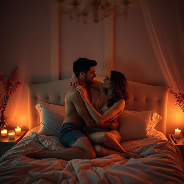 An intimate bedroom scene featuring a couple in a loving embrace in a romantic setting