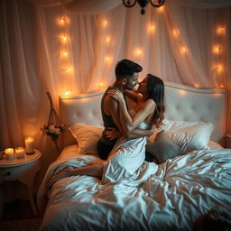 An intimate bedroom scene featuring a couple in a loving embrace in a romantic setting