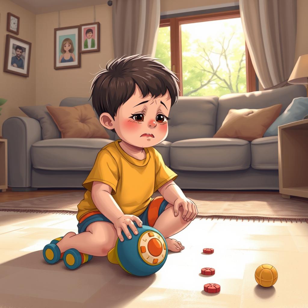 A touching scene illustrating a young child sitting on the floor of a cozy living room, reluctantly setting aside a colorful toy that is creating noise