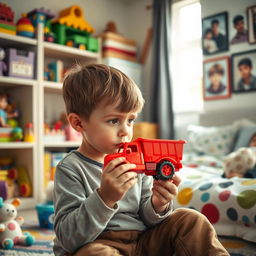 A young boy, looking thoughtful and a bit sad, is sitting in a colorful, cozy room filled with toys