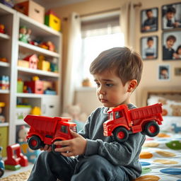 A young boy, looking thoughtful and a bit sad, is sitting in a colorful, cozy room filled with toys