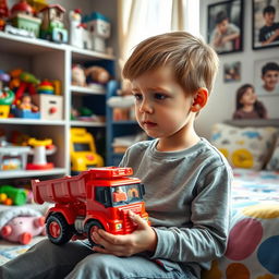 A young boy, looking thoughtful and a bit sad, is sitting in a colorful, cozy room filled with toys