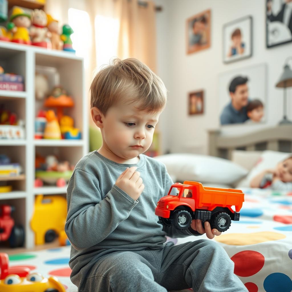A young boy, looking thoughtful and a bit sad, is sitting in a colorful, cozy room filled with toys