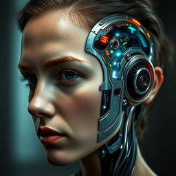 A striking portrait of a person with the right side of their head transformed into a sleek, futuristic cyborg design