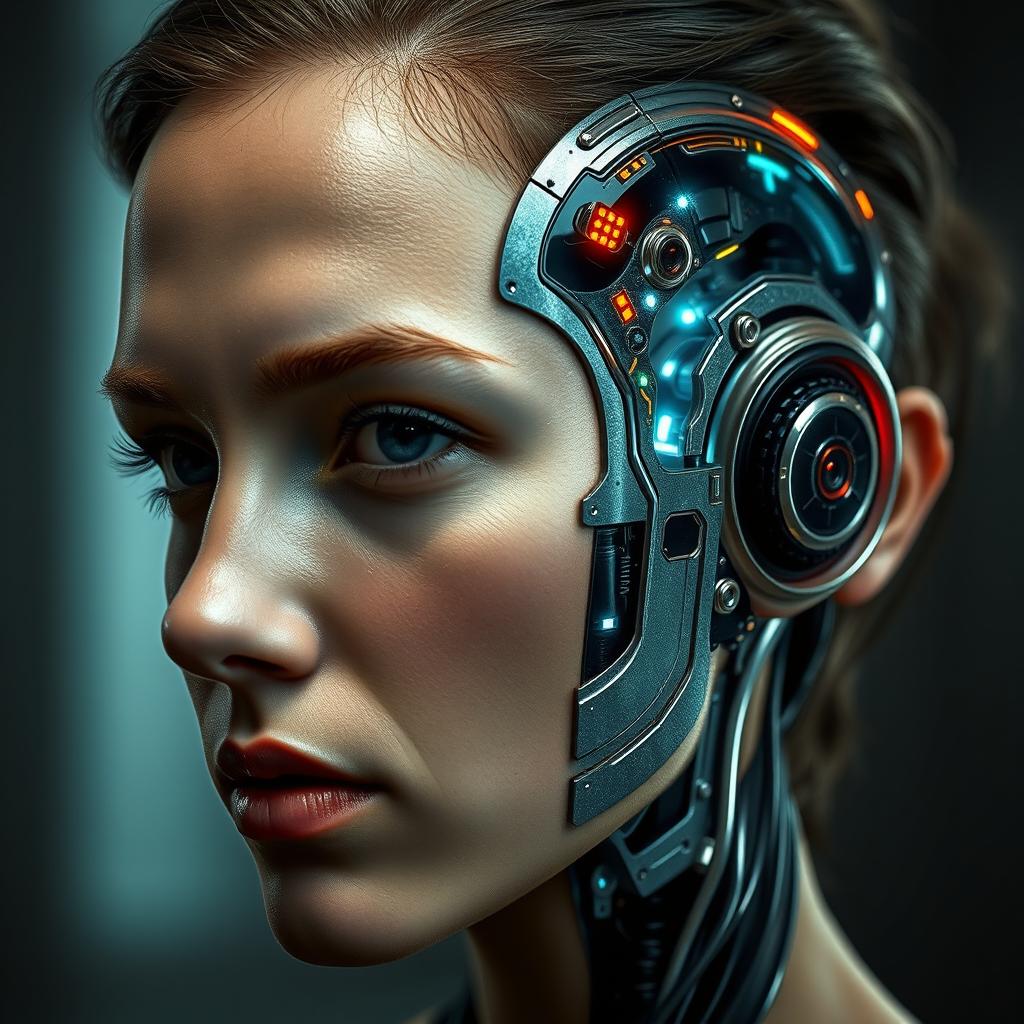 A striking portrait of a person with the right side of their head transformed into a sleek, futuristic cyborg design