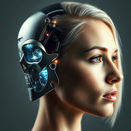 A striking portrait of a person with the right side of their head transformed into a sleek, futuristic cyborg design