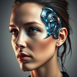 A striking portrait of a person with the right side of their head transformed into a sleek, futuristic cyborg design