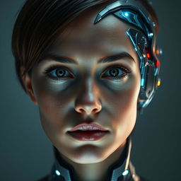 A striking portrait of a person with the right side of their head transformed into a sleek, futuristic cyborg design