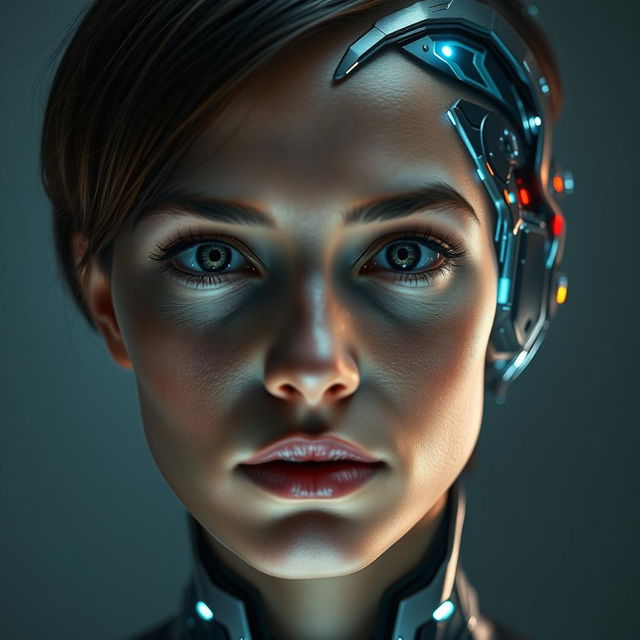 A striking portrait of a person with the right side of their head transformed into a sleek, futuristic cyborg design