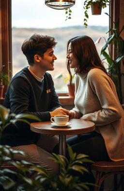 A cozy scene featuring two people sitting at a small table in a quaint coffee shop, surrounded by plants and warm lighting