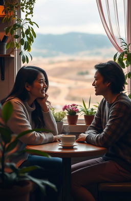 A cozy scene featuring two people sitting at a small table in a quaint coffee shop, surrounded by plants and warm lighting