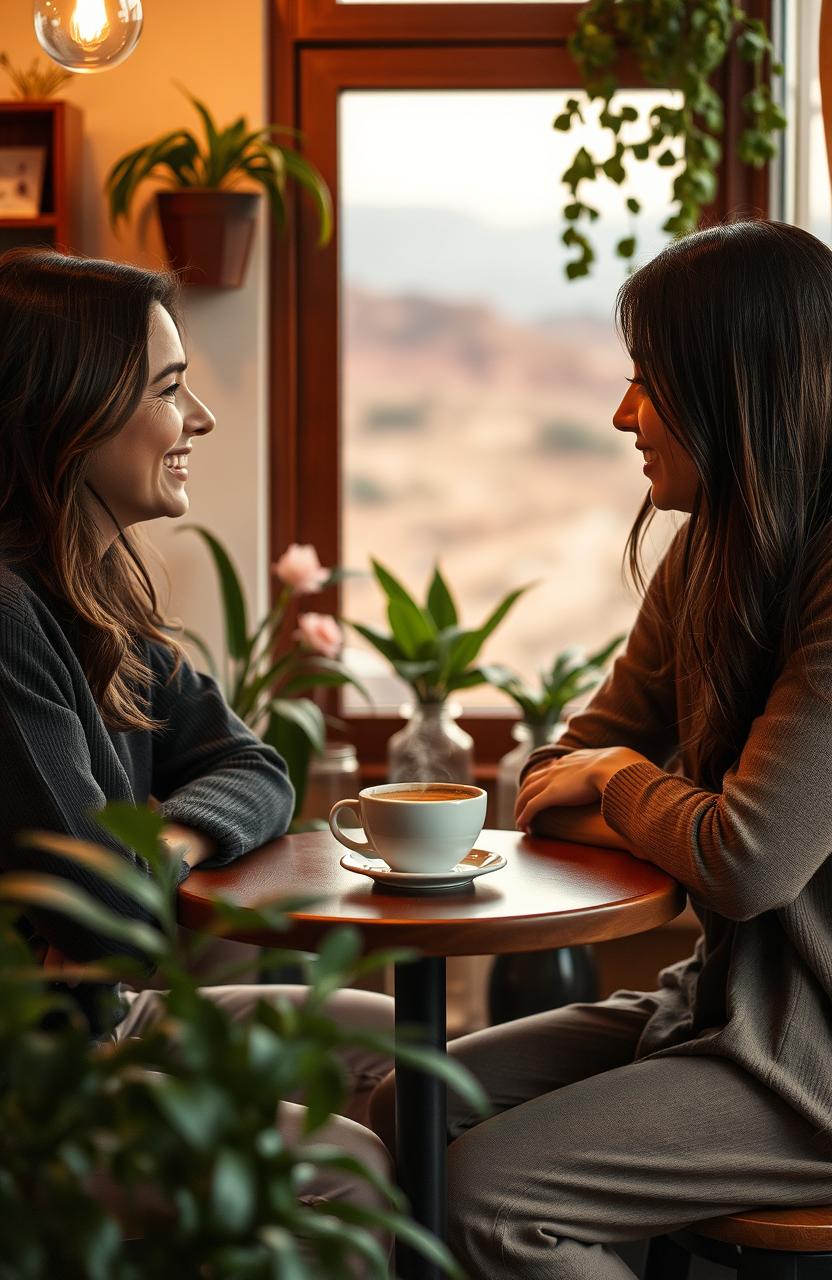 A cozy scene featuring two people sitting at a small table in a quaint coffee shop, surrounded by plants and warm lighting