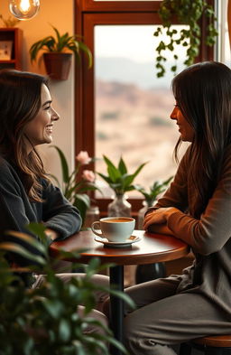 A cozy scene featuring two people sitting at a small table in a quaint coffee shop, surrounded by plants and warm lighting