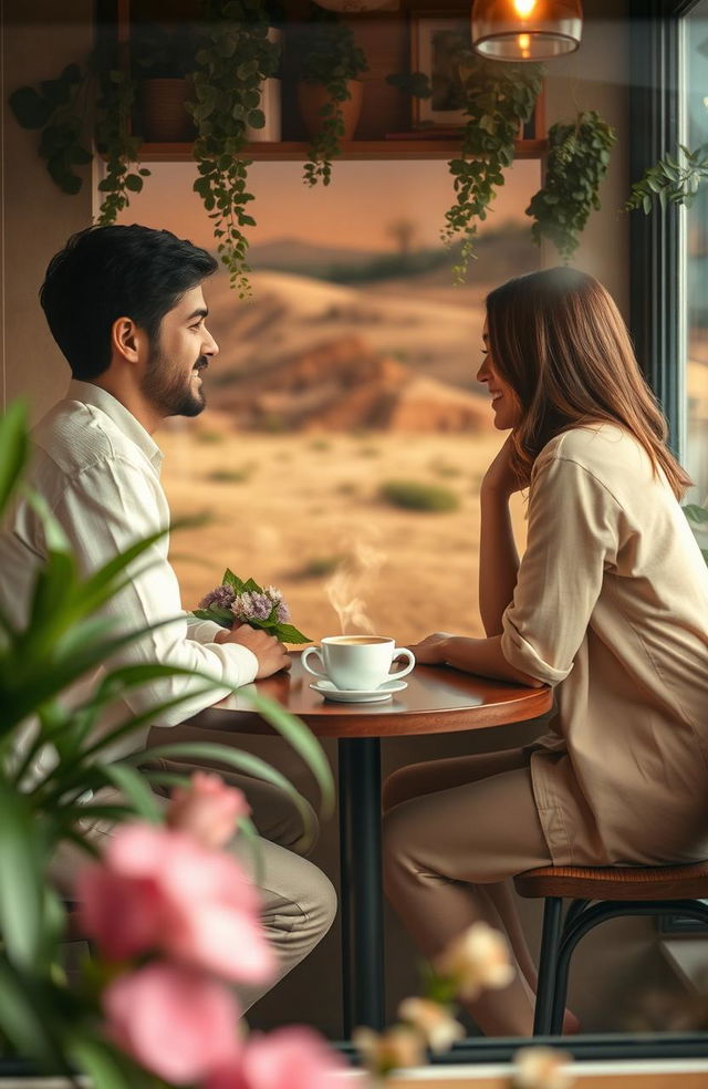 A cozy scene featuring two people sitting at a small table in a quaint coffee shop, surrounded by plants and warm lighting